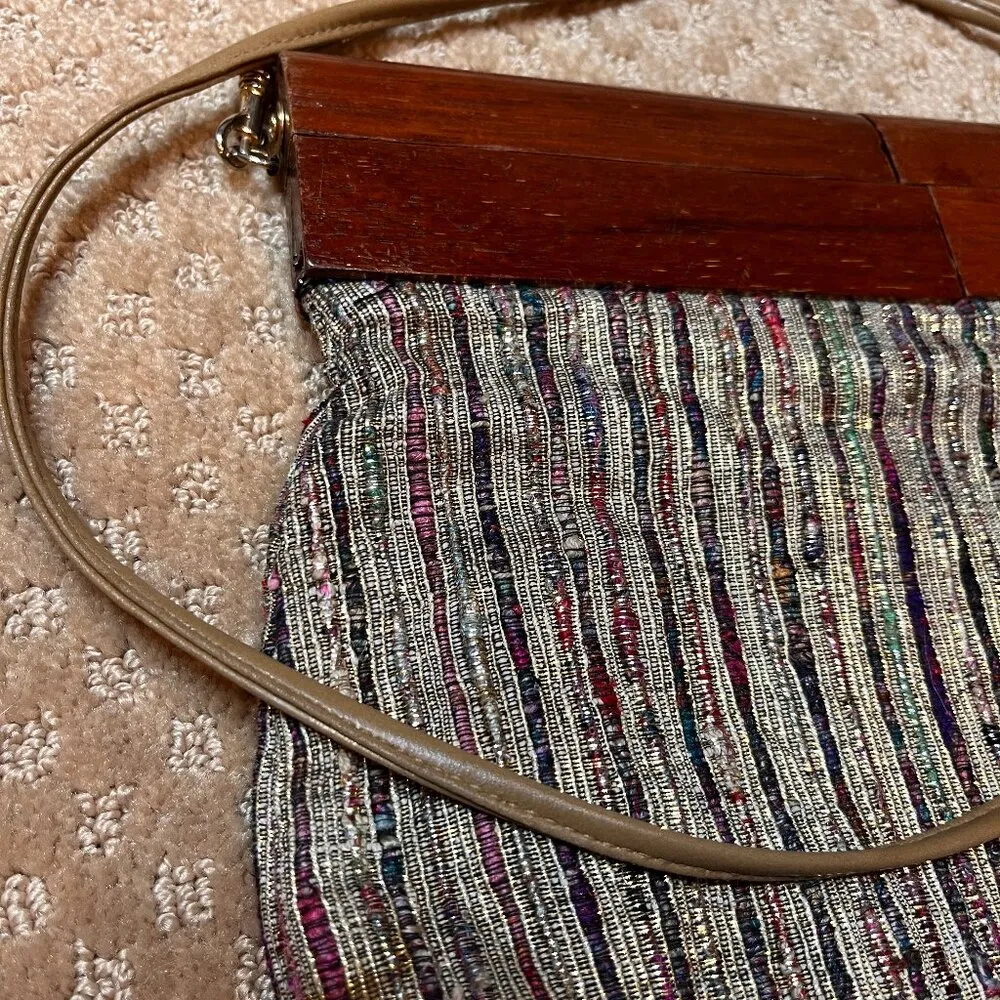 Saddle River Metallic Woven Wood Clutch 80's Y2K Moonlighting 90’s Unique Tan - Image 3