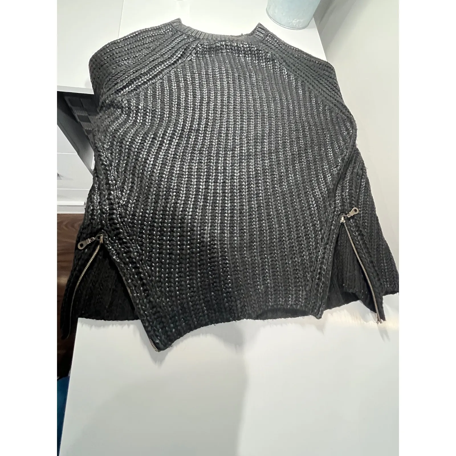 Mango Suit Chunky Knit Sweater Black Crew Neck Raglan Sleeve Side Zippers Size M Size M - Image 4