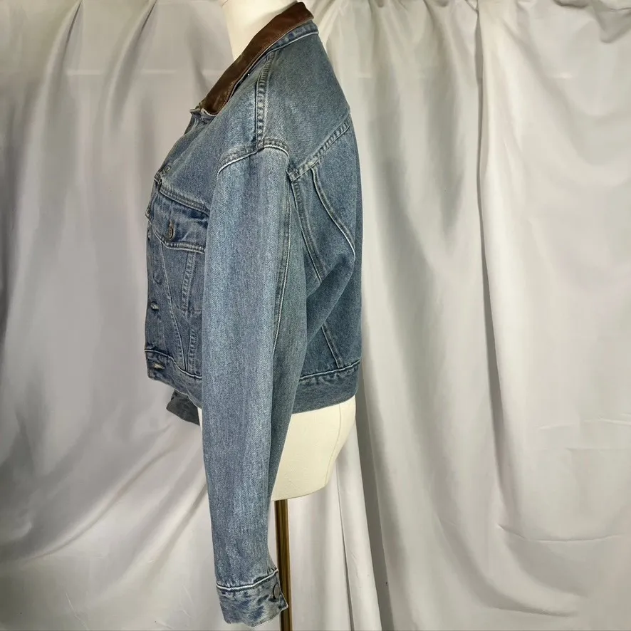 Vintage GUESS USA Denim Jacket Brown Leather Collar Made in USA Womens Small - Image 7