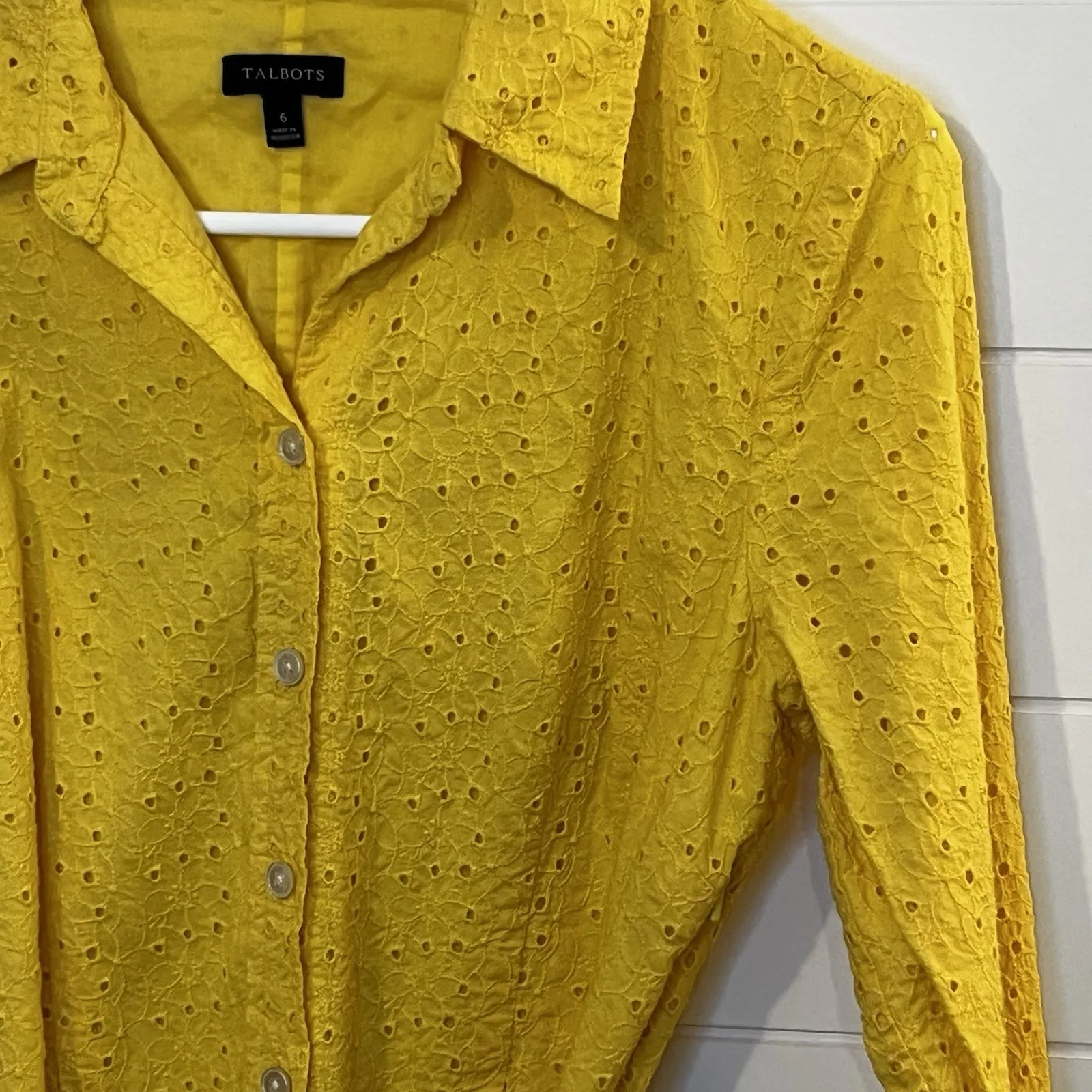 TALBOTS Yellow Embroidered Eyelet Cotton Shirt Waist Belted Dress Size 6 - Image 8