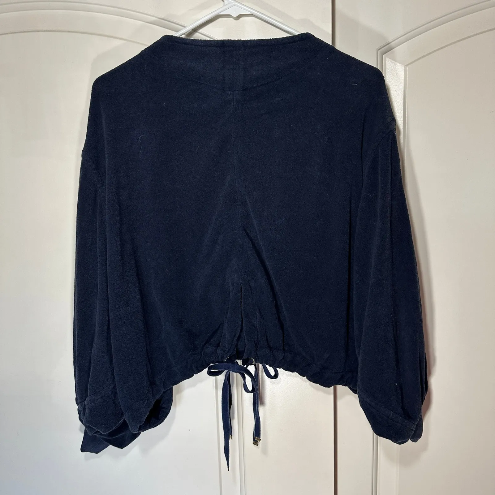Juicy Couture Navy Blue Velour Zip Up Jacket Sweatshirt Dolman Sleeve Tie Small - Image 7