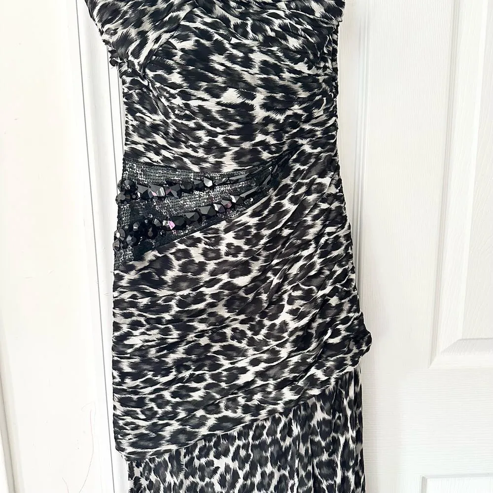 Pinko One Shoulder Grey Leopard Print Open Slit Semi Sheer Long Gown Jewel Waist Gray Size XS - Image 3