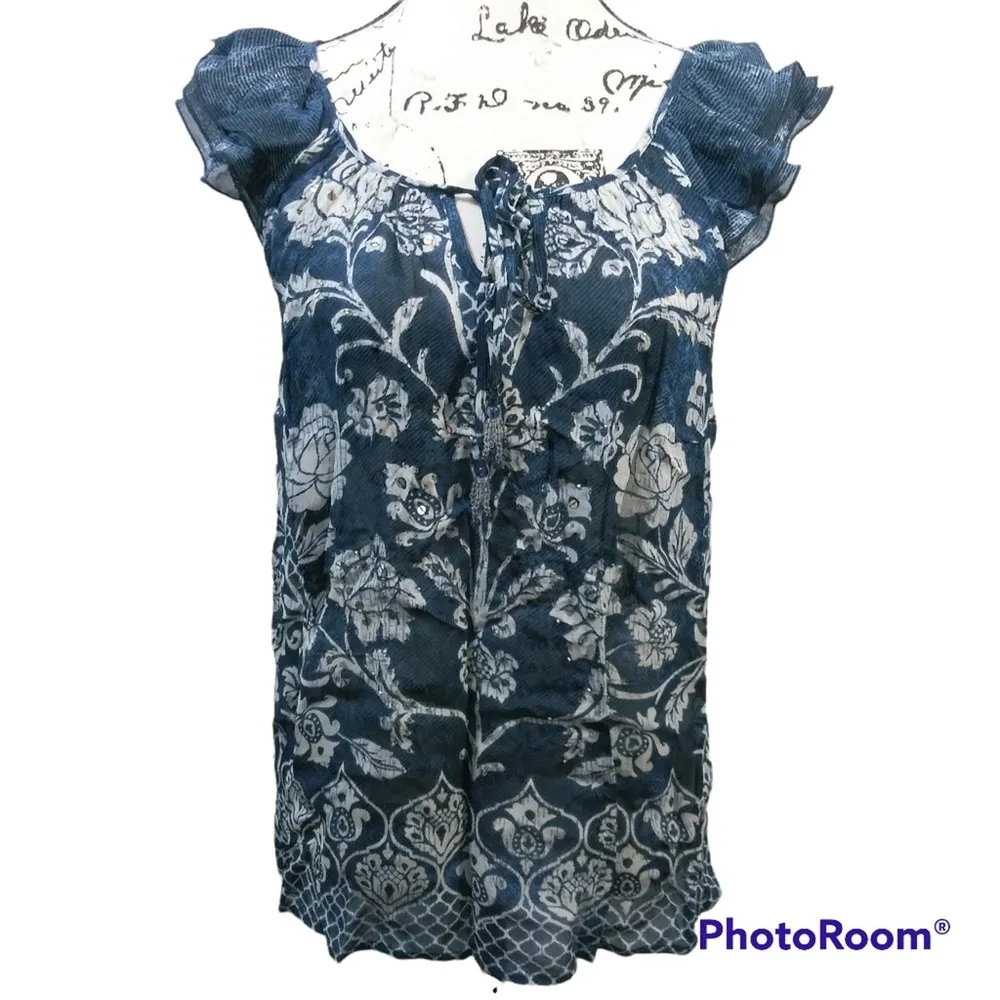 SOFT SURROUNDINGS SHORT SLEEVE PEASANT BLOUSE NAVY BLUE BILA TOP SIZE XS - Image 2