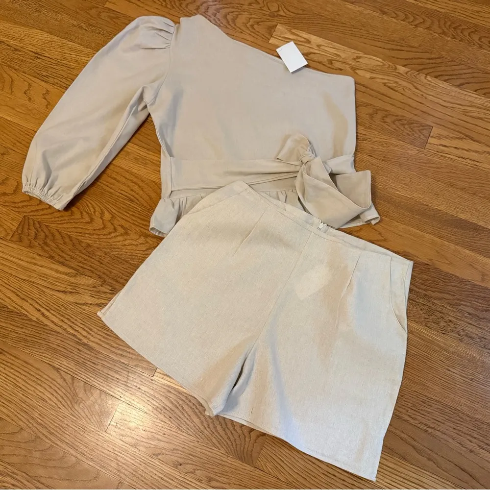 Cream High Waist Tailored linen Shorts size M Size M - Image 8