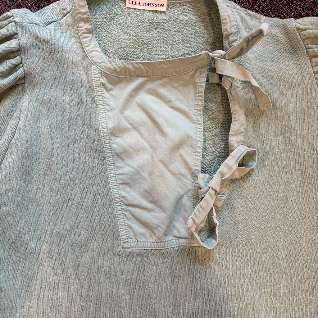 ULLA JOHNSON Alba Seafoam Green 2 Tie Front Puff Sleeve Sweatshirt Top XL - Image 10