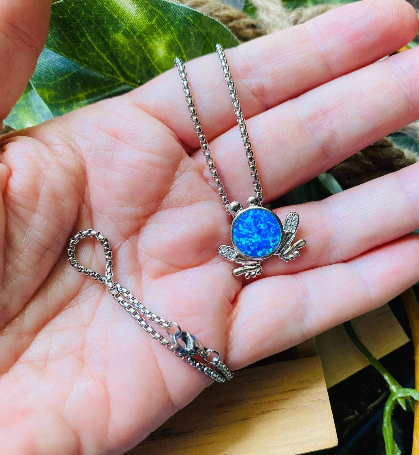 Sterling Silver Blue Opal CZ Frog Necklace - Image 3