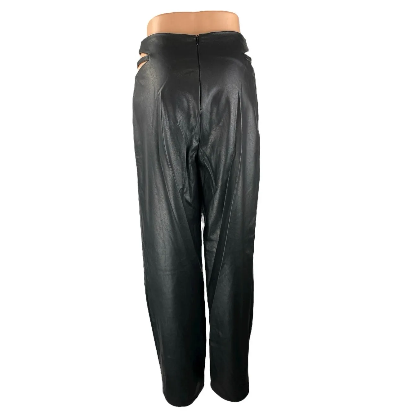 12th Tribe Black Cutout Waist High Rise Faux Leather Vegan Trousers Pants Size S - Image 3