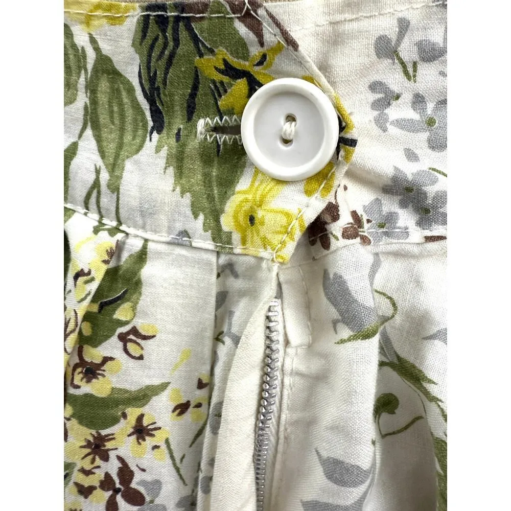 50s VTG White Cotton Floral Skirt Yel/Brw/Green Pleated Metal Zipper Belt Loops Size M - Image 4