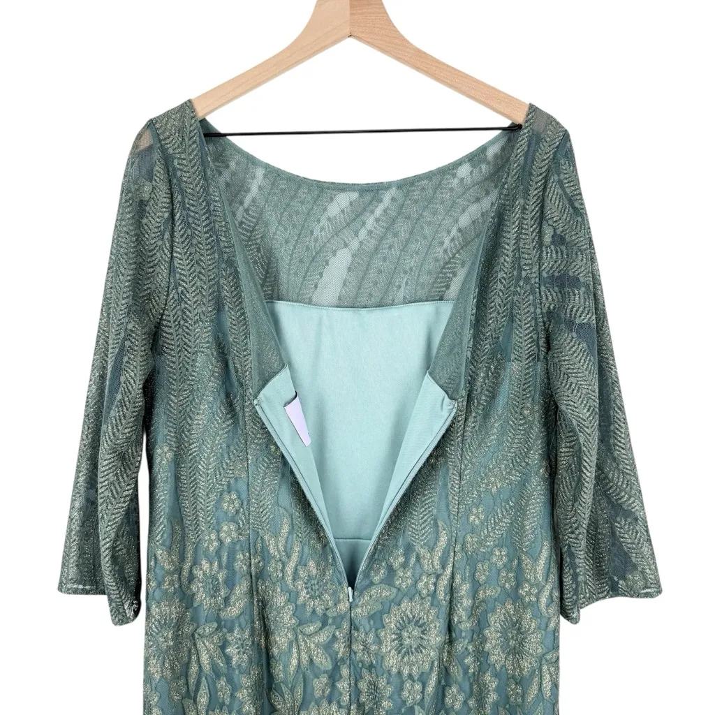 NEW JS Collections Illusion Lace Cocktail Dress Sage Gold Sz 14 Floral Metallic - Image 13