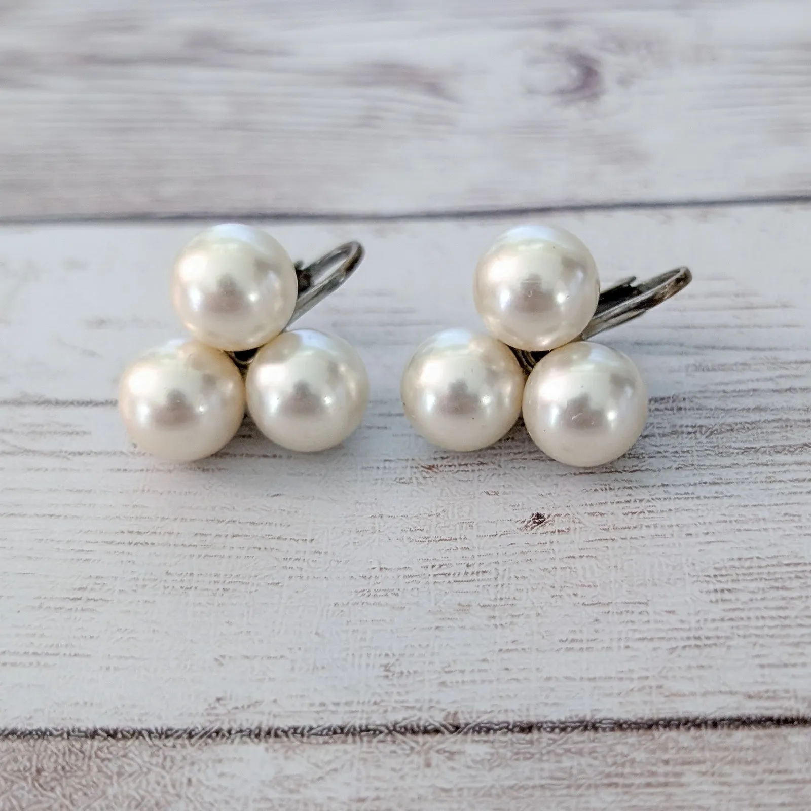 Vintage Clip On Earrings Faux Pearl Trio Statement - Image 2