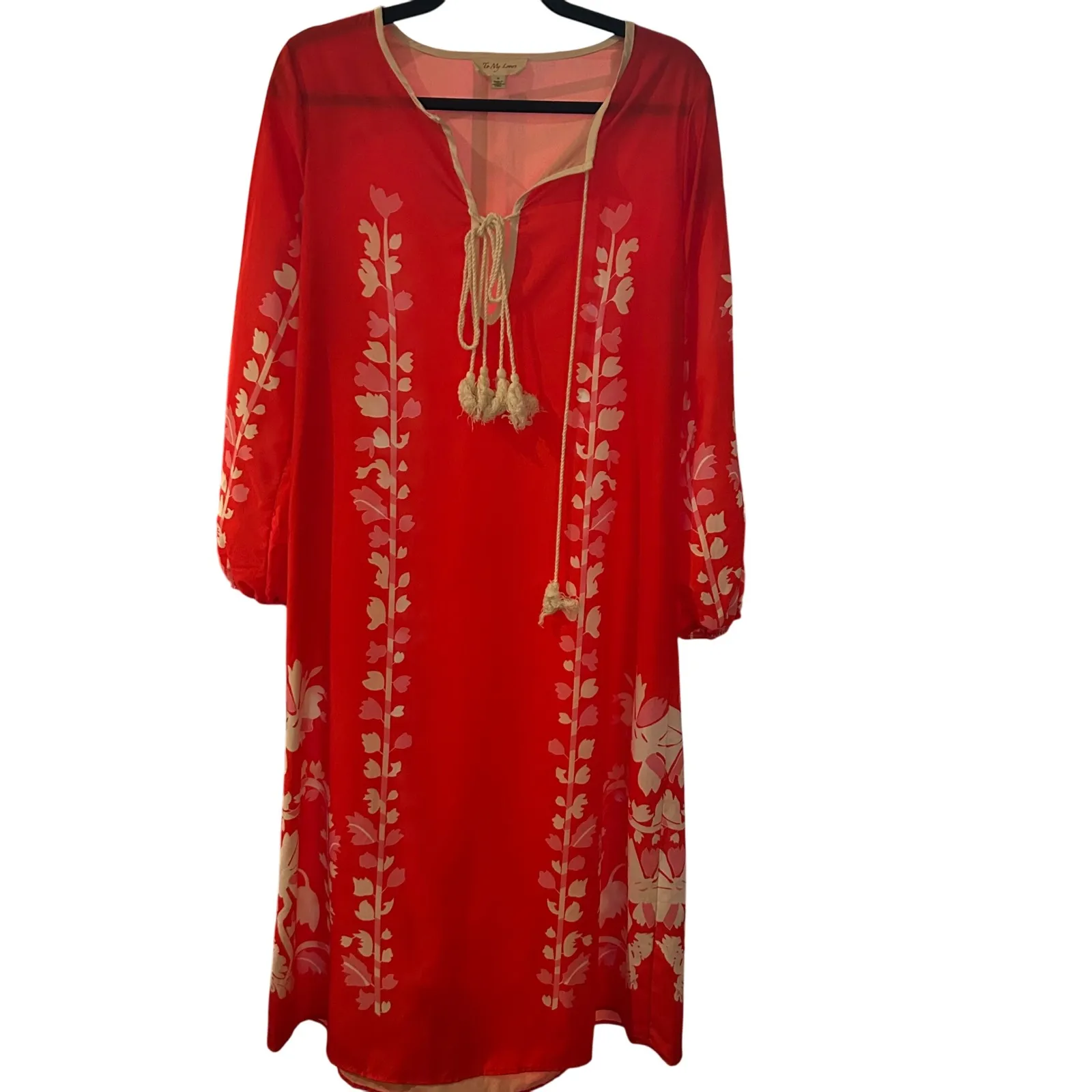 To My Lovers‎ Red Floral Print Tassel Tie Long Sleeve Dress Size S - Image 2