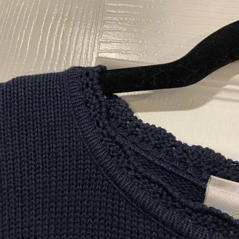 Villager Navy Blue Cotton Long Sleeve Sweater Crochet Lace Scalloped Trim Size S - Image 3