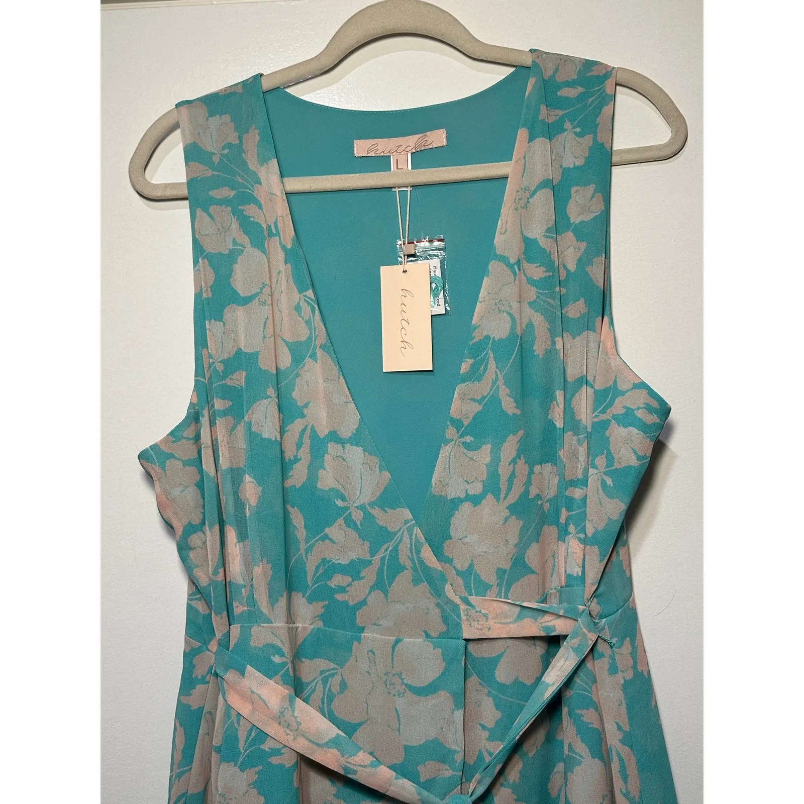Hutch Trinity Ruffled Chiffon Wrap Maxi Dress Teal Floral Size Large NWT Wedding - Image 4