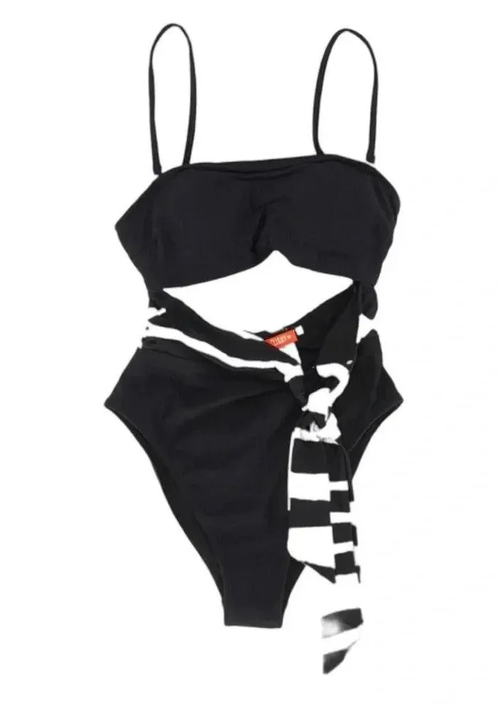 River Island Cut Out Tie Waist Bandeau One Piece Swimsuit Black Size 8 NWT - Image 4