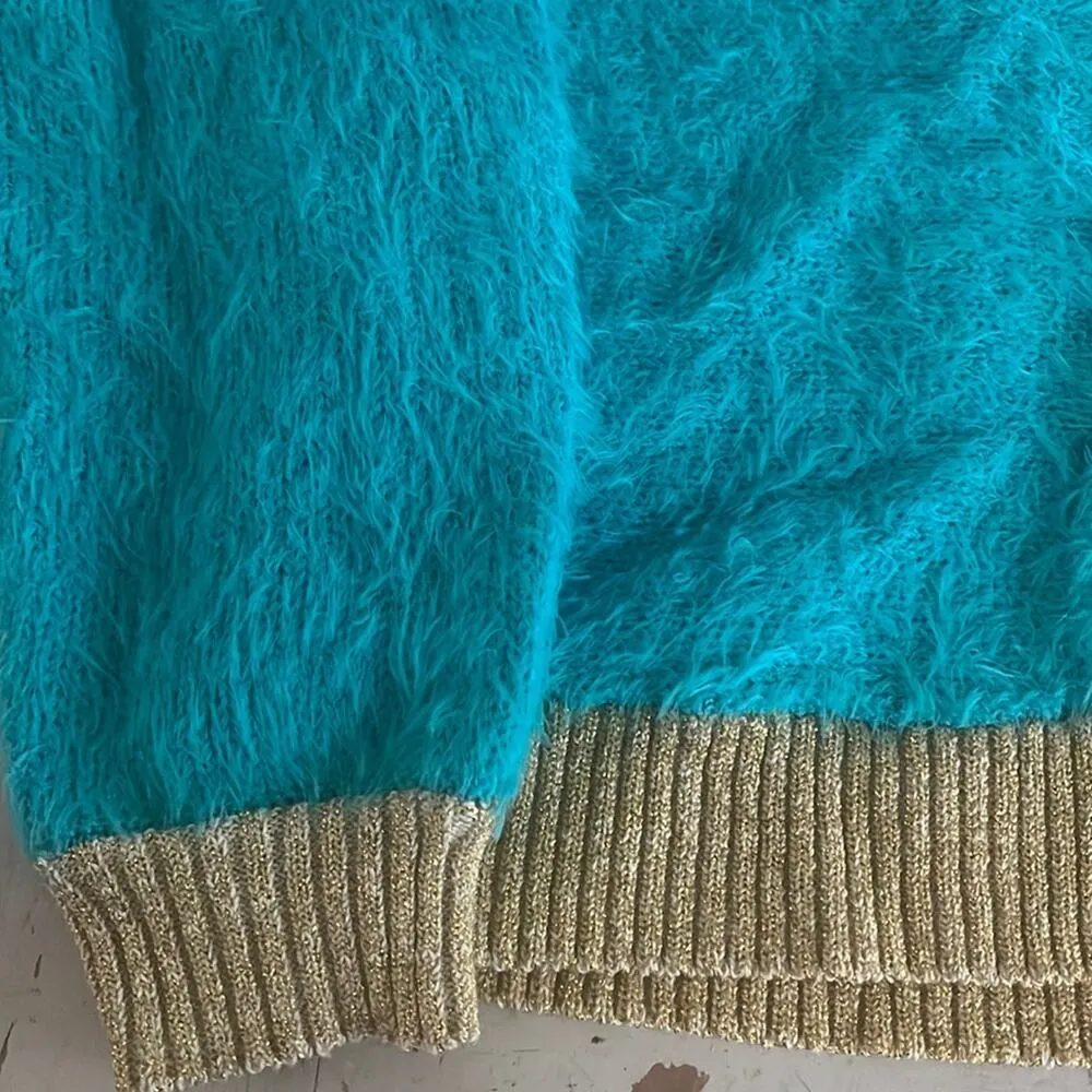 JUICY COUTURE Sweater Crop Shirt XL Eye Lash Sweater Ceramic Blue Lagoon Gold - Image 3