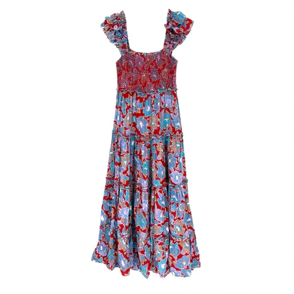 Love the Label Bouquet‎ Smocked Tiered Ruffle Skirt Maxi Dress Blue Red Floral - Image 2