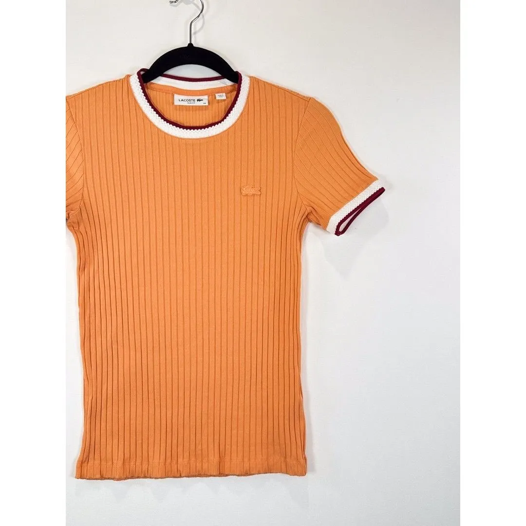 Lacoste Womens Shirt Orange Crew Neck Fantasy Knit Ribbed Slim Fit 34 US Small - Image 6