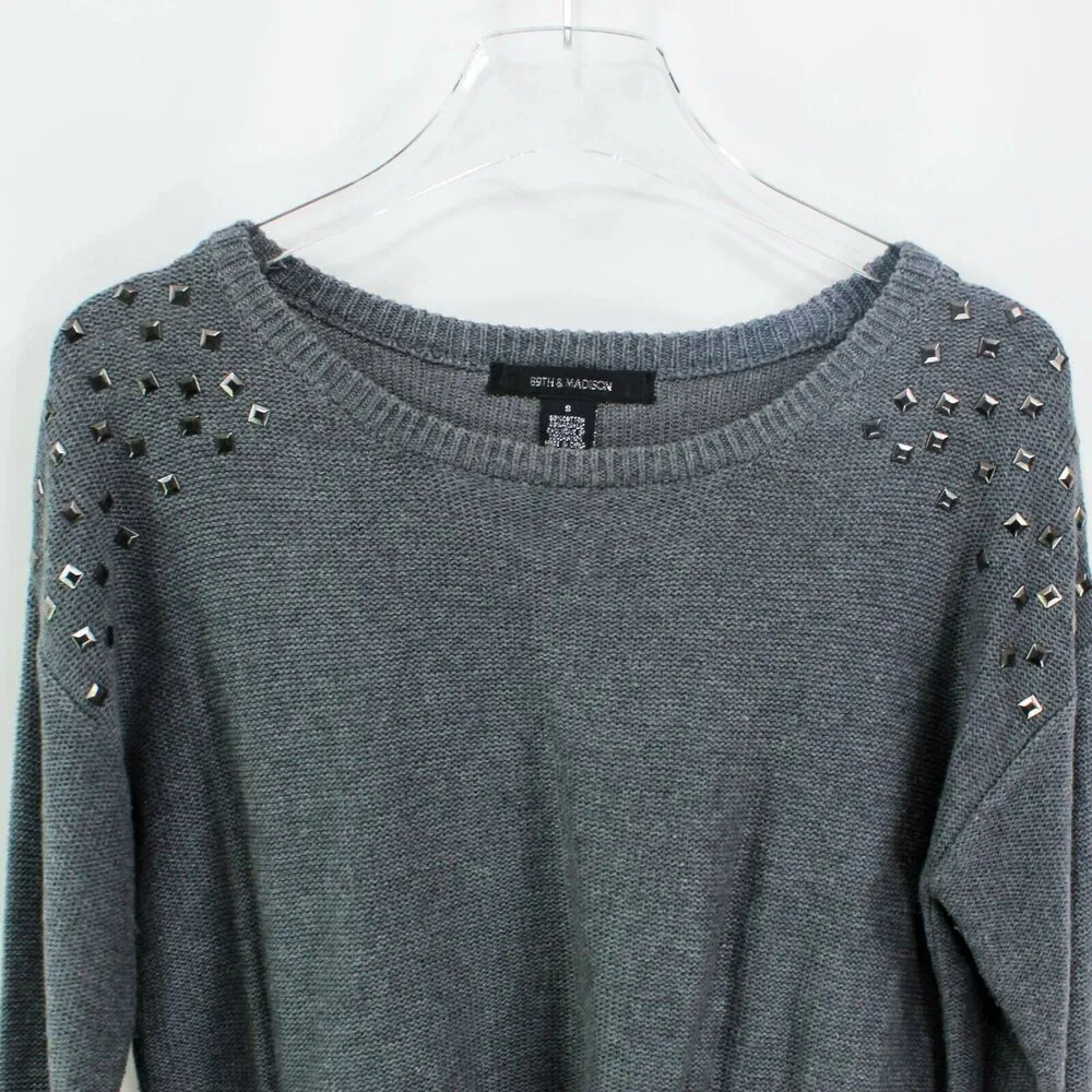 89th & Madison Womens Pullover Sweater Gray Scoop Neck Studded Ribbed Hem - Image 7
