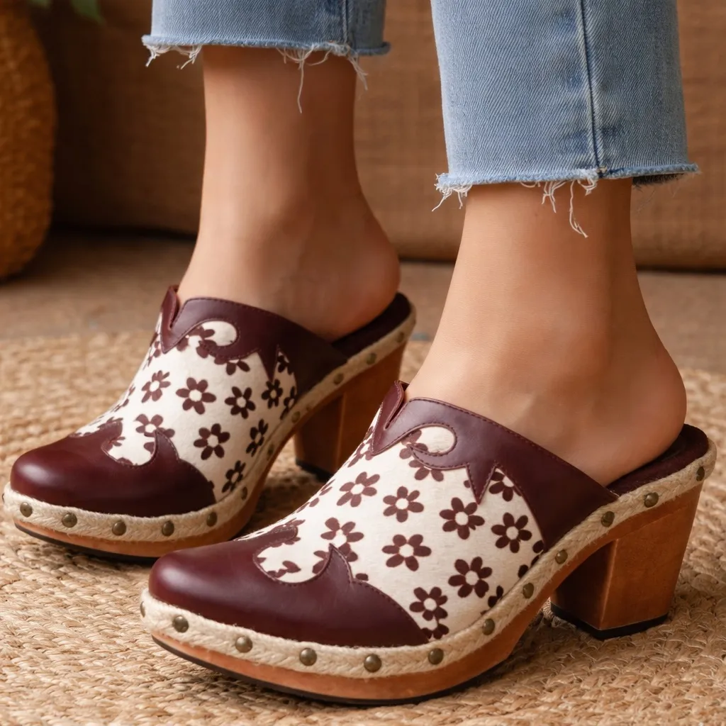 🌼RARE VTG Paris Blues size #9 Brown Floral Women's Clogs daysi print cow 🐄 🌼 - Image 14