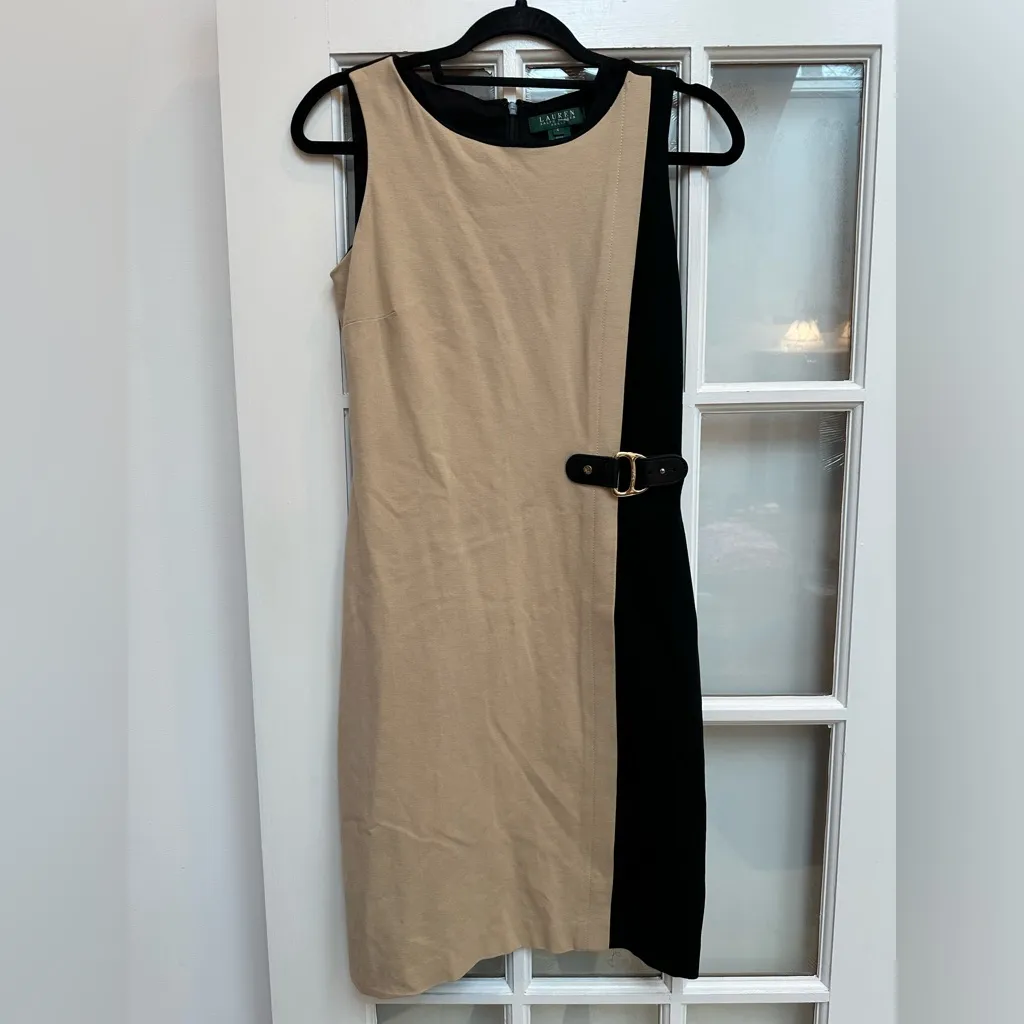 LRL Lauren Ralph Lauren Black Oatmeal Sheath Dress Size 4 Small S Leather Buckle - Image 14