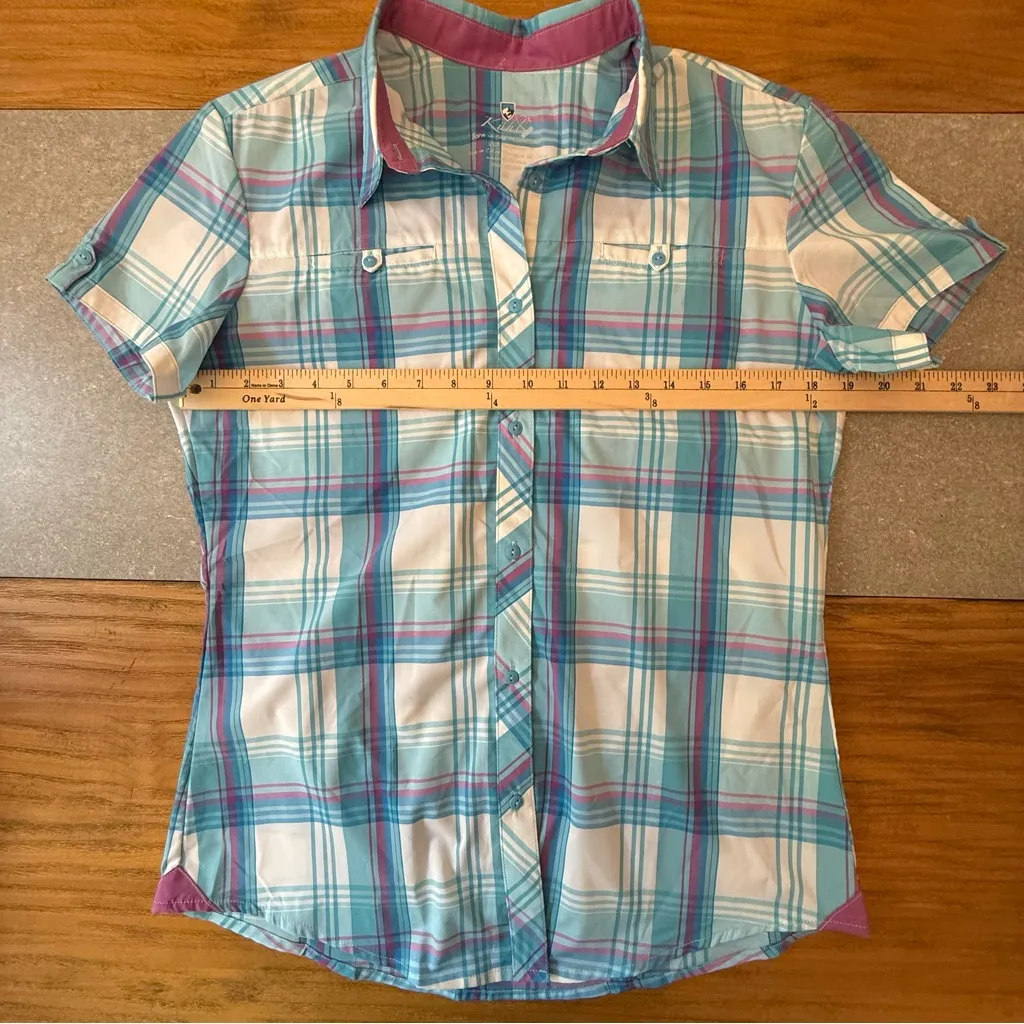 KUHL Women’s Plaid Button Up Short Sleeve Hiking Shirt Blue White Purple Medium - Image 5