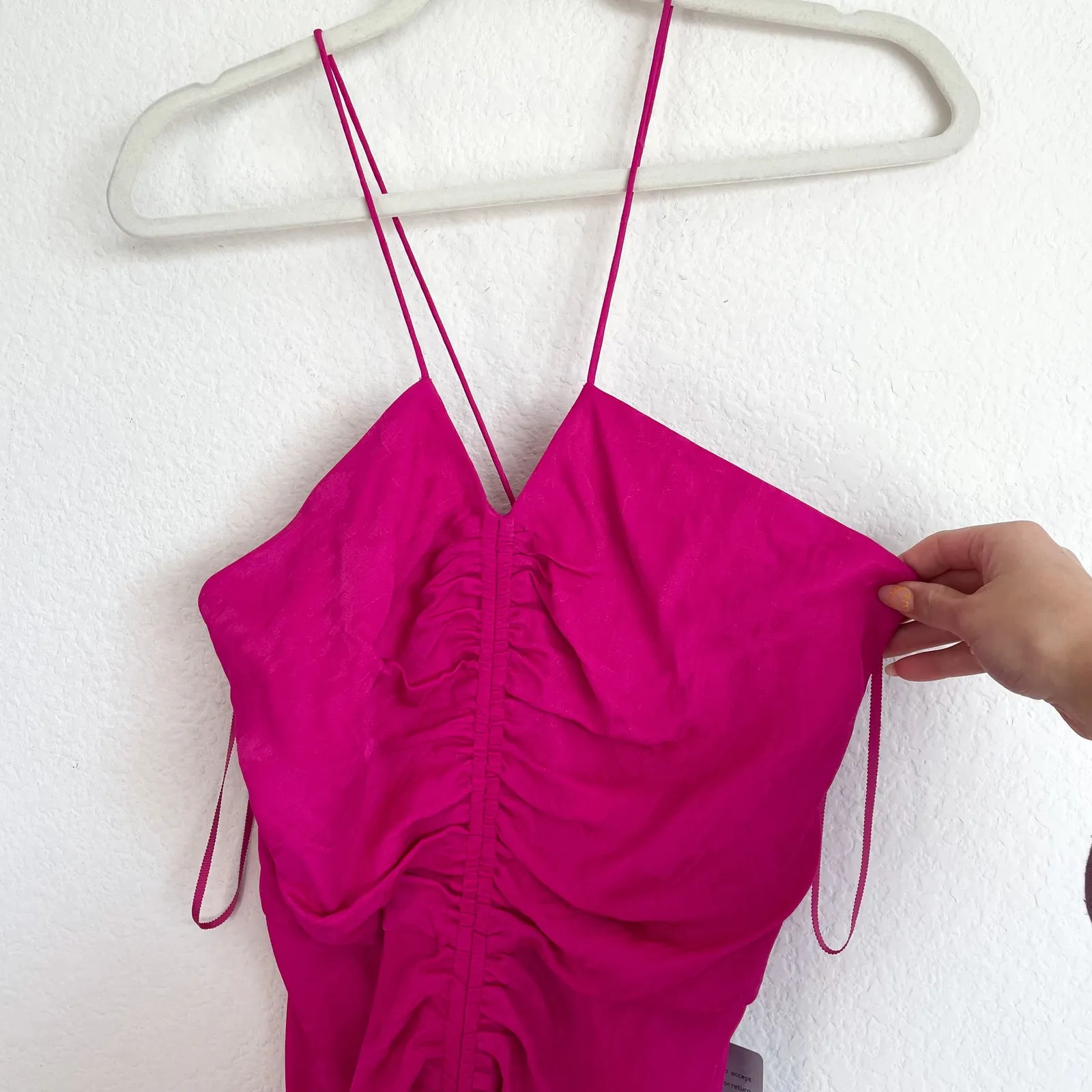 REBECCA VALLANCE Bright Pink Satin Ruched Midi Dress Size 10 - Image 10