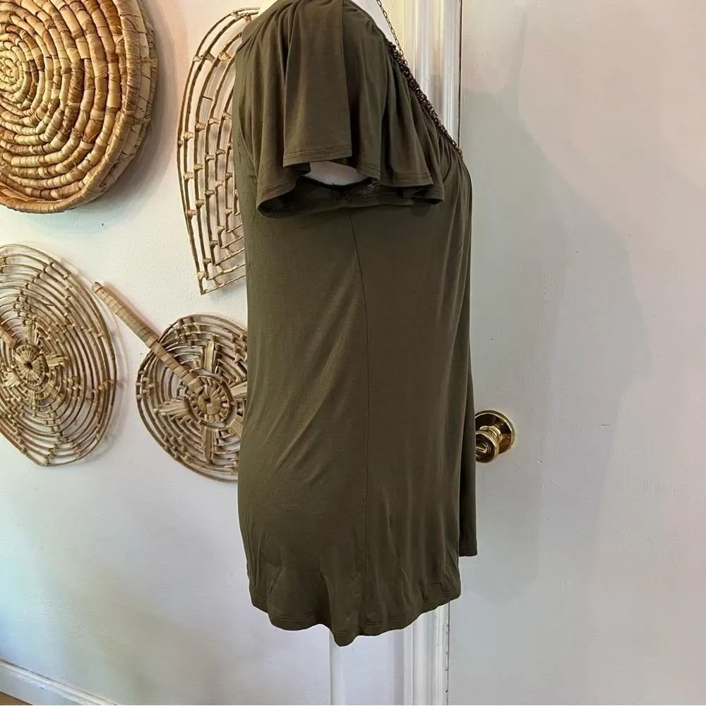 Vintage Boho Peasant Blouse Brown Beaded Neckline Flowy Top USA Made Size M Green Size M - Image 7