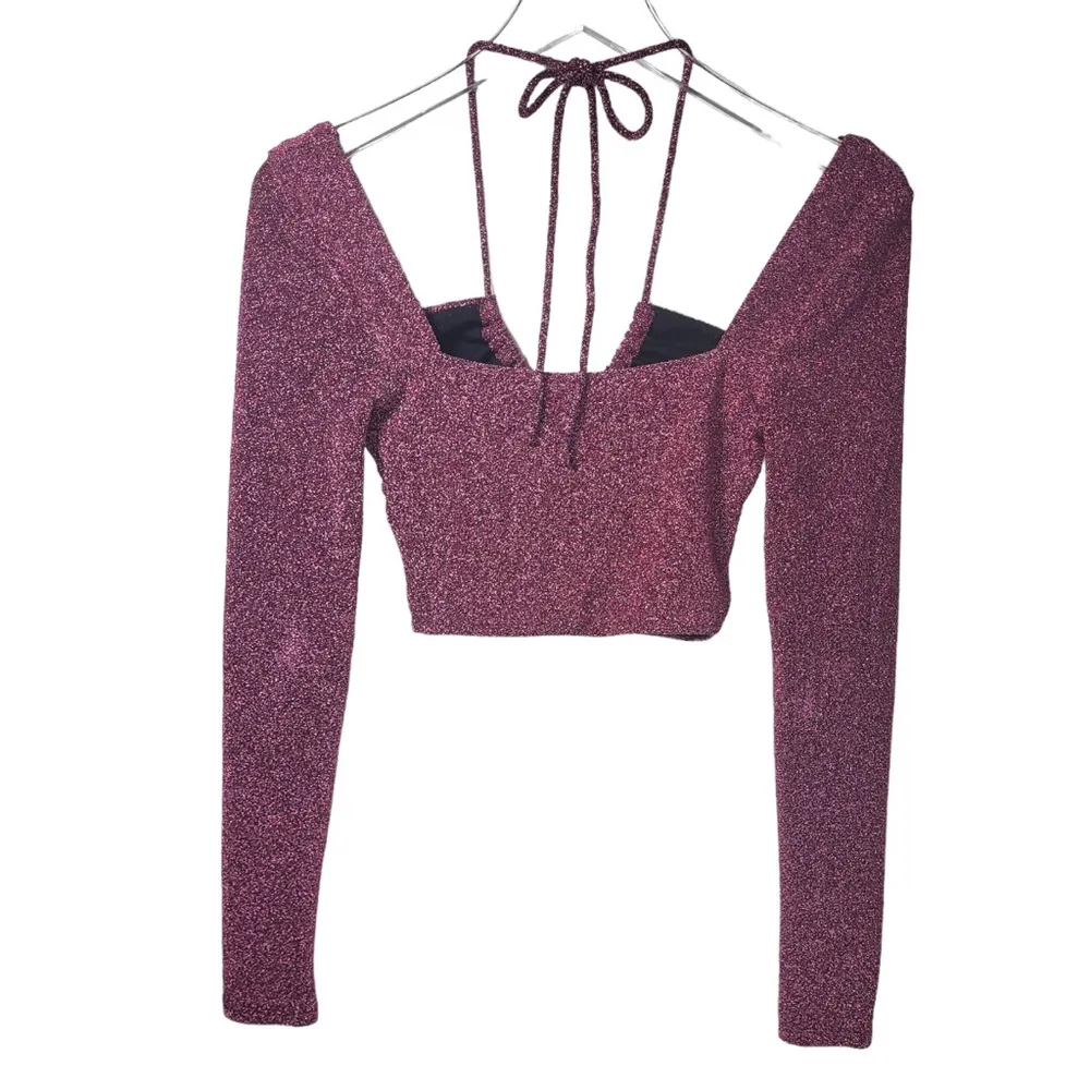 Halter Neck Tie Long Sleeve Cropped Sparkly Top in Purple/Black - Image 7
