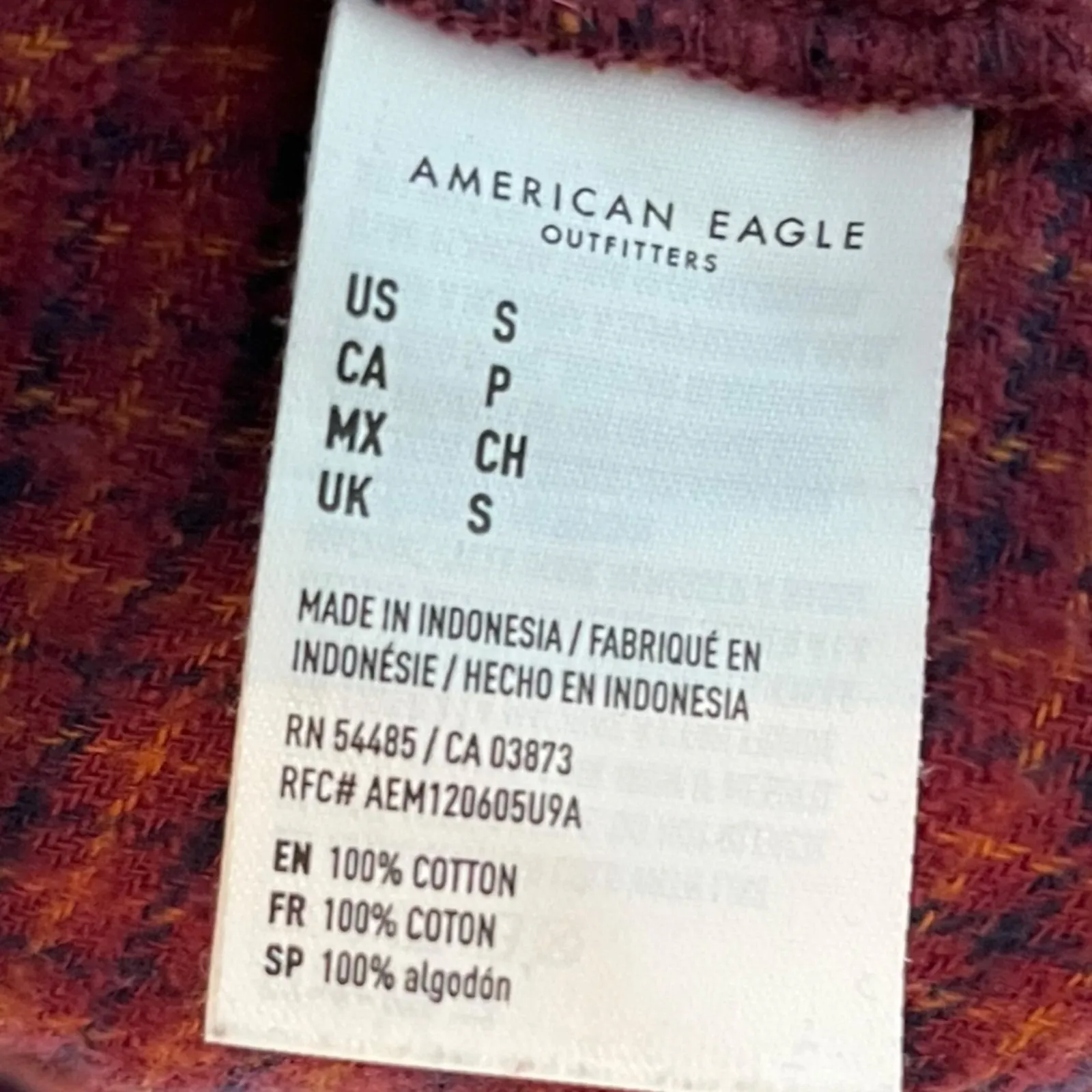 American Eagle S Micro Plaid Pocket‎ Front Button Up Maroon Cropped Flannel Fall - Image 5