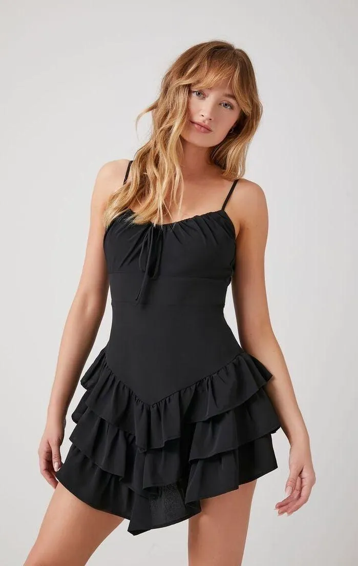 Black Cutout Ruffle Tiered Mini Bodycon Flare Sexy Night Out Dress - Image 2