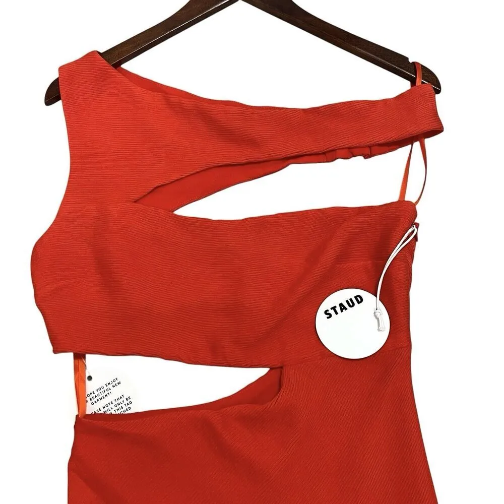 STAUD Prismatic Dress with cut-out Side Slit Off Shoulder Papaya Orange Size 6 - Image 6