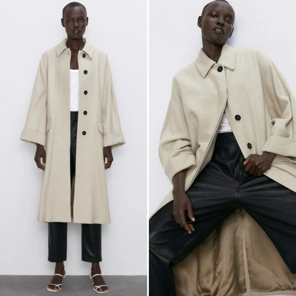 Zara Oversized Neutral Beige Wool Blend Trench Coat Duster Jacket Size Small - Image 3