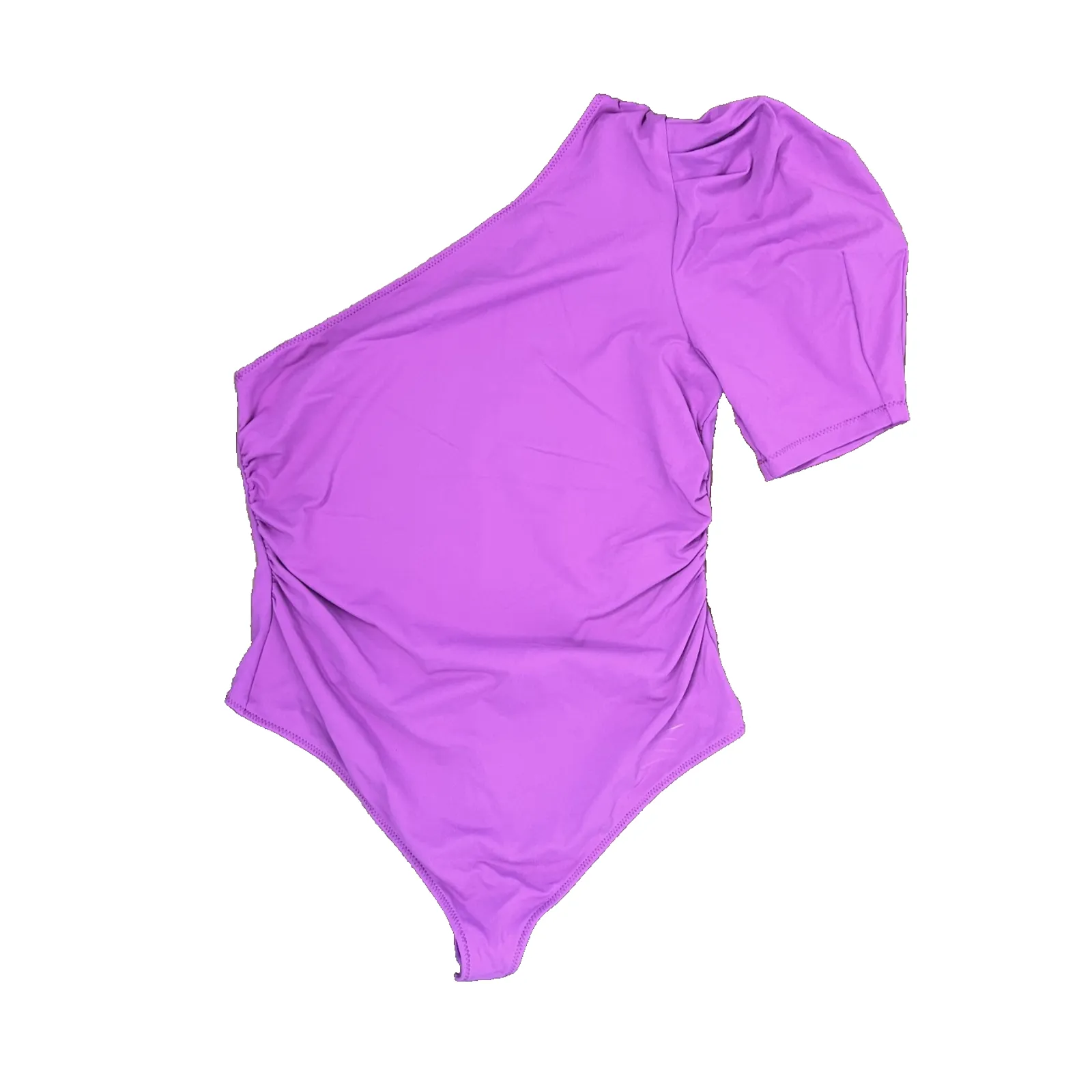 Free People One Shoulder Puff Sleeve L Bodysuit Magenta Ruched Side Stretchy - Image 8