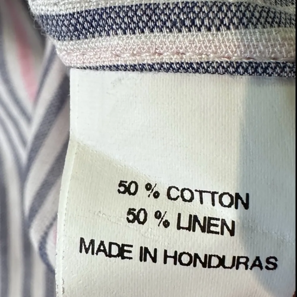 Ann Mashburn Button Down Shirt S elbow sleeve frill Linen Poplin Blue Pink Strip - Image 6