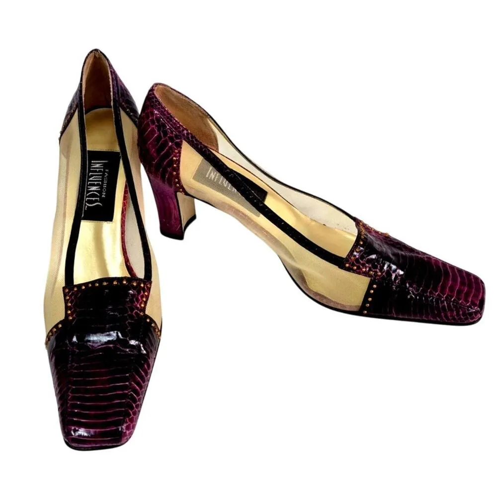 VTG Fashion Influences Purple Snakeskin/Sheer Mesh Pumps Heels w/ Studs Sz 10 M - Image 2