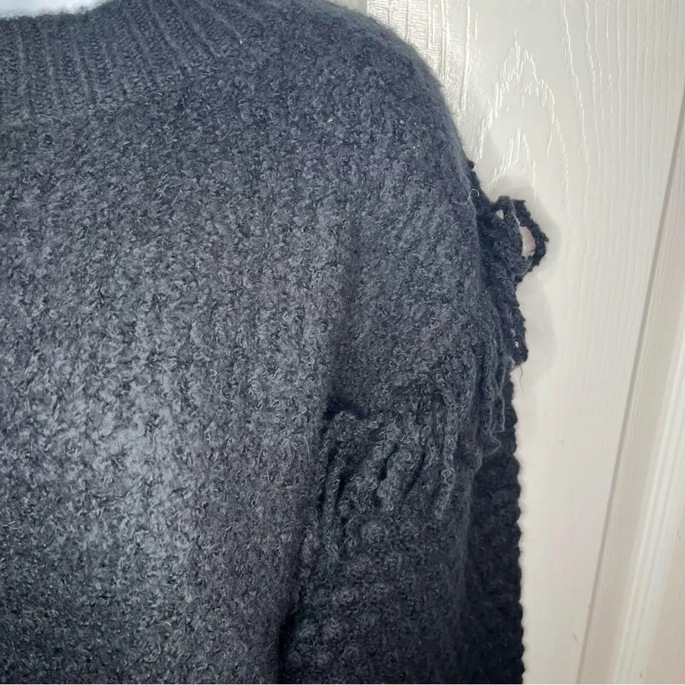 Treasure & Bond Mixed Stitch Balloon Sleeve  Fringe Sweater Black Crew S NWT - Image 6