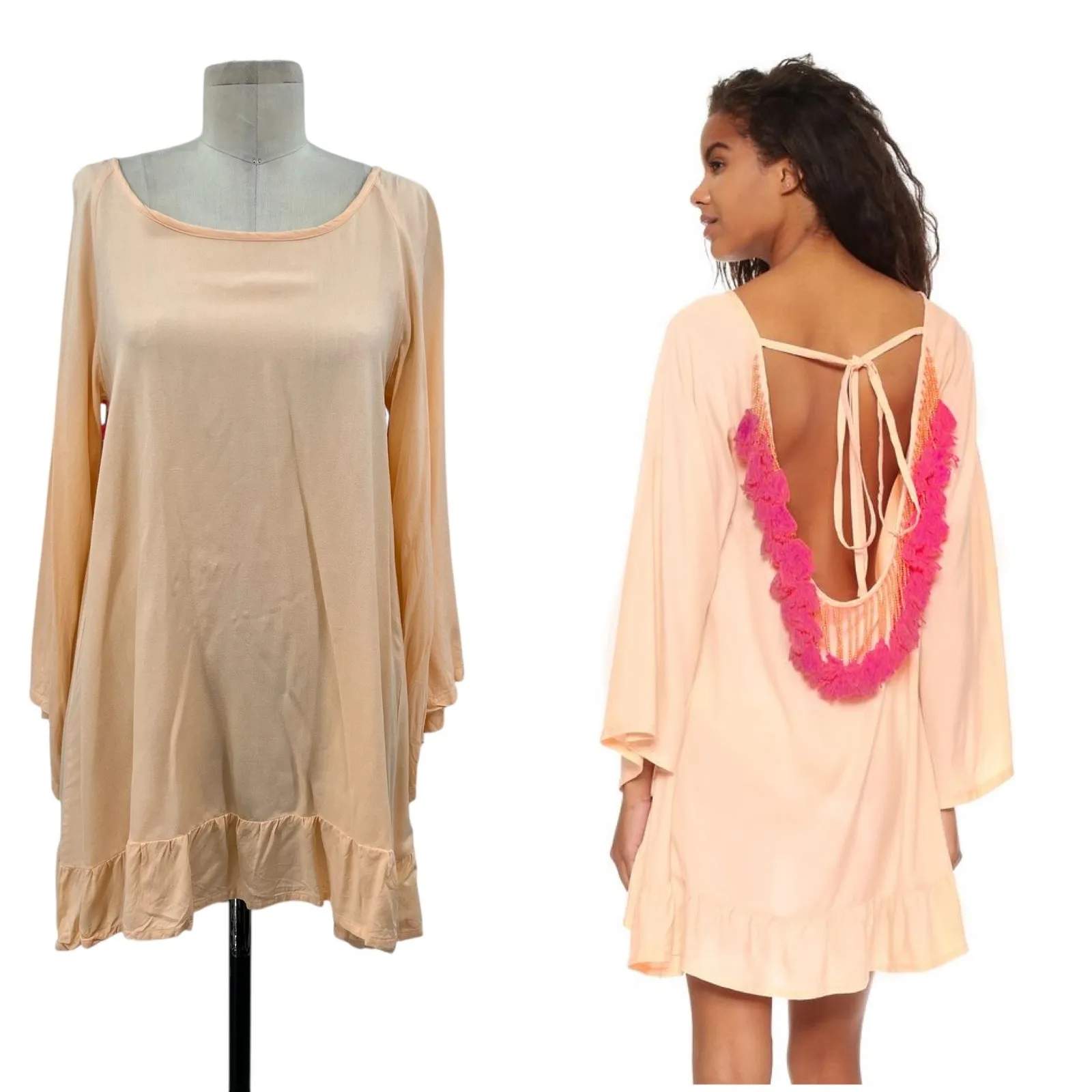 Sundress Indiana Dress‎ Tunic Beach Tasseled Beaded Peach Neon Pink Size XS Orange - Image 2