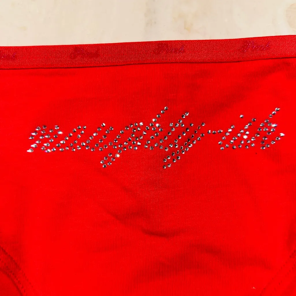 PINK VICTORIA’S SECRET Cotton Dorm Bralette Hipster Panties Red  “naughty-ish” L - Image 6