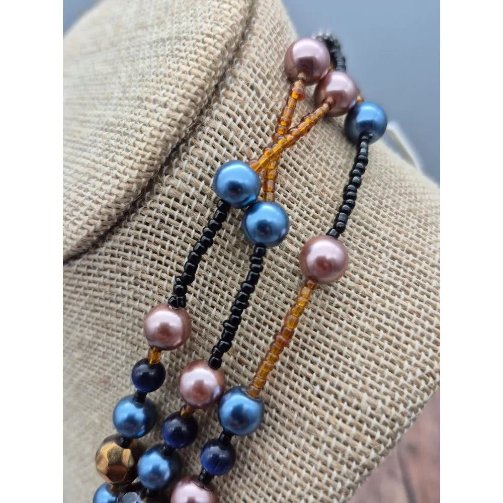 Pretty Esmor Multi Strand Glass Bead Necklace Jewel Tones Blue Gold 22" - Image 7
