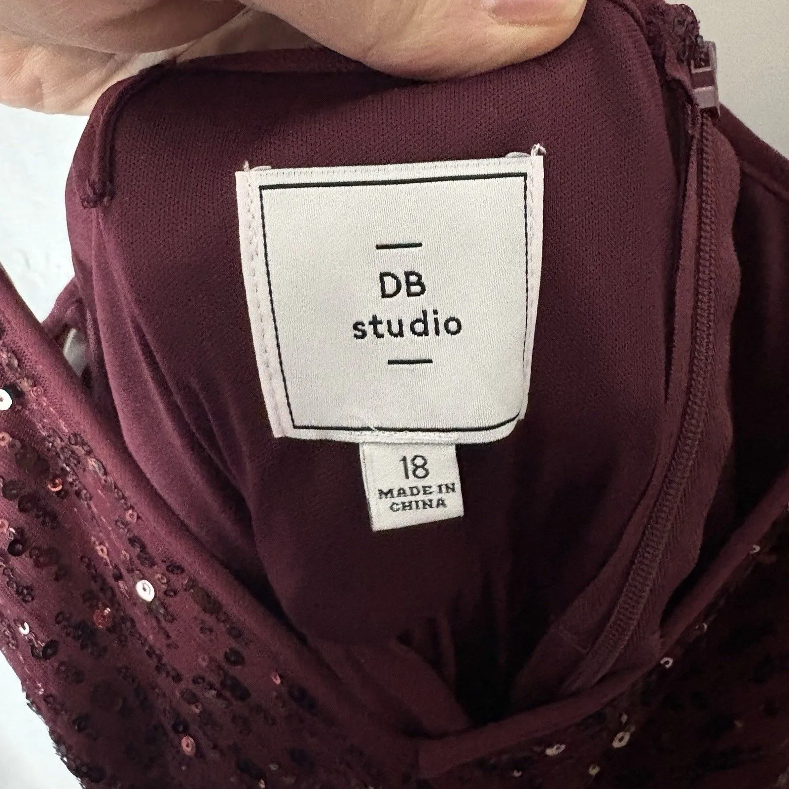 Davids Bridal DB Studio Spaghetti Strap Sequin Bodice Formal Dress Sz 18 Merlot - Image 7