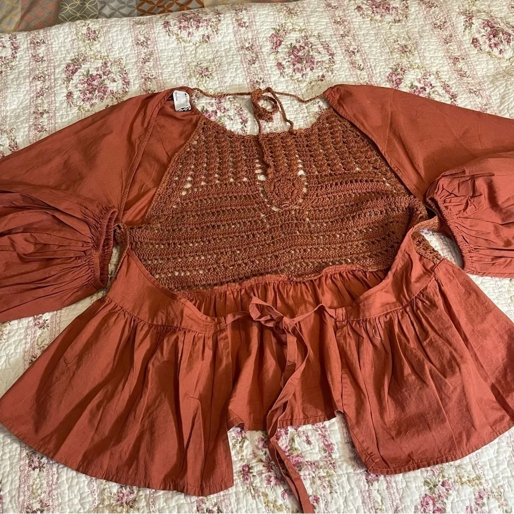 ASOS DESIGN long sleeve top with crochet detail and tie waist in Rust Size: 14 - Image 5
