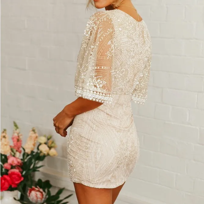 NWT Hello Molly Evening Sun Dress Champagne Sequin Mini Gold Glitter Sz 6 Medium - Image 4