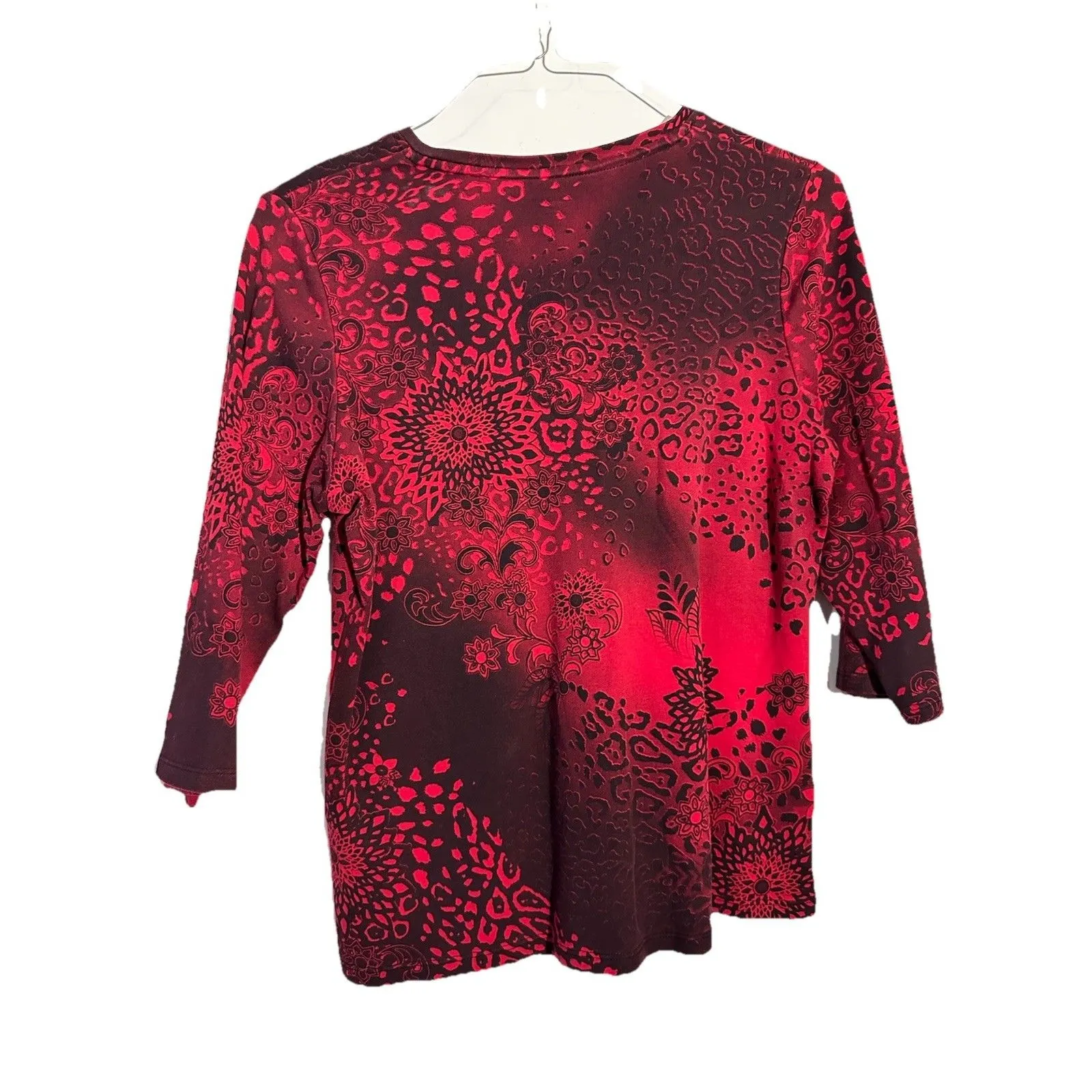 Allison Daley Red & Black Ombr Floral Leopard Print V-Neck Rhinestone Top M/M - Image 2