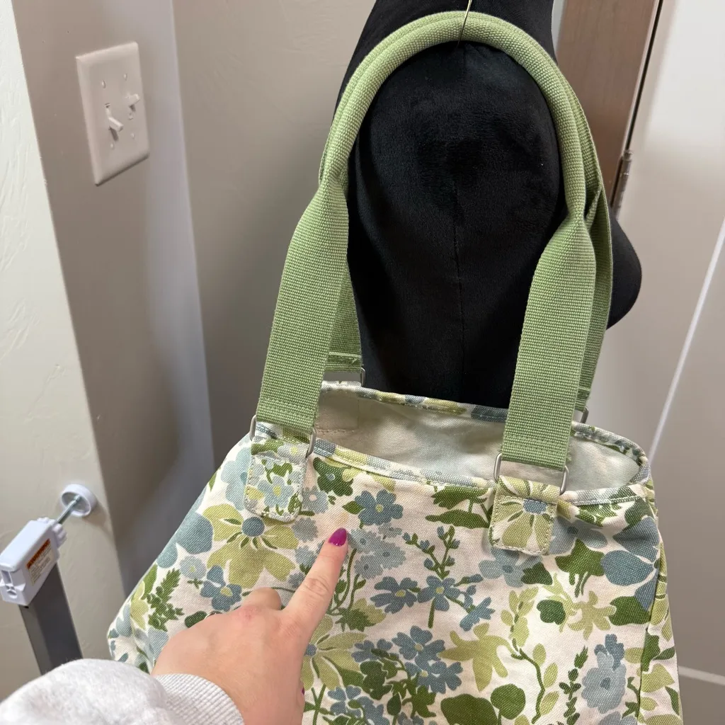 Vintage Eddie Bauer Large Canvas Tote Bag Green Blue Floral Pastel Adjustable - Image 2