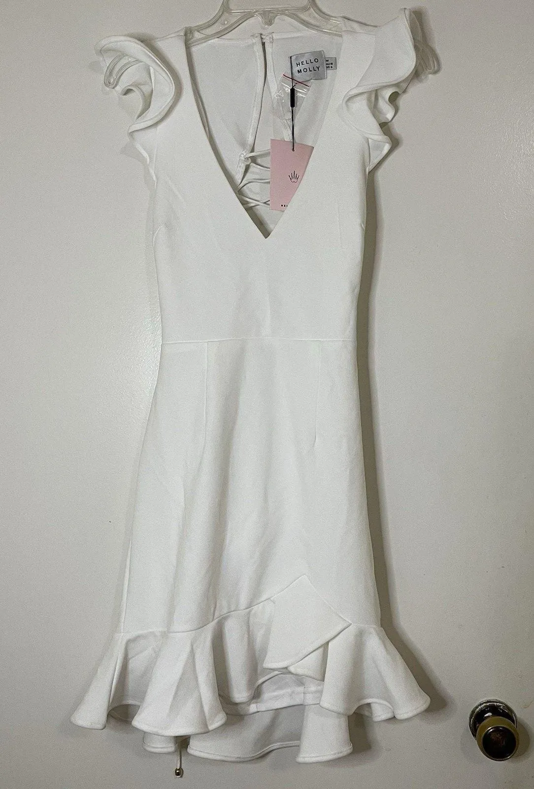 NEW! Hello Molly Take the Reigns White ruffle hem lace back mini dress US 6 Med - Image 3