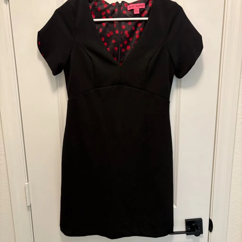 Betsey Johnson Black V-Neck Fit & Flare Dress Size 2 Classic Cherry Lining - Image 3