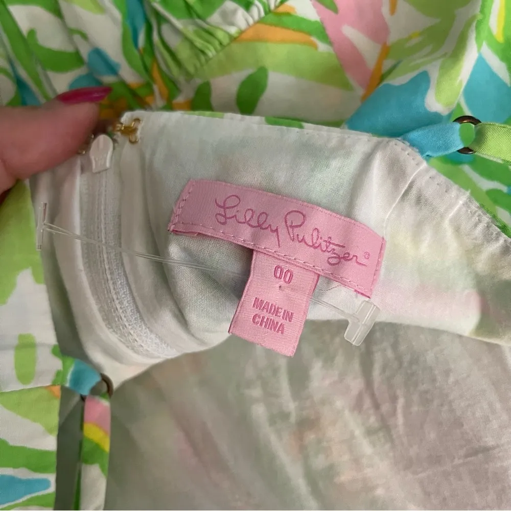 Lilly Pulitzer Ollie Dress in Elephant Ears Green Pink Size 00 Spaghetti Strap - Image 3