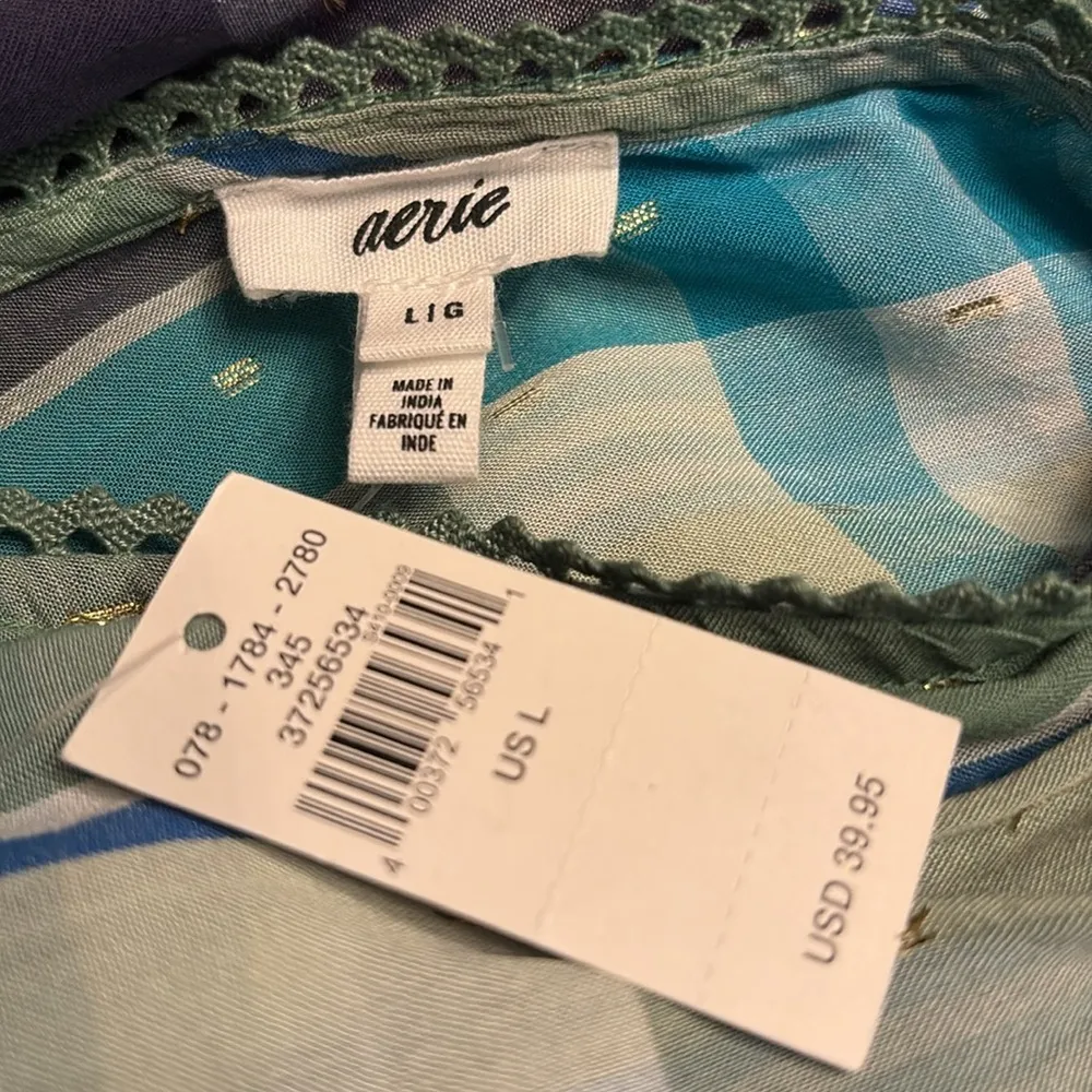 Aerie women Blue Green Plaid Tie Front V Neck Crop Top Plunge Neckline Sz L NWT - Image 3