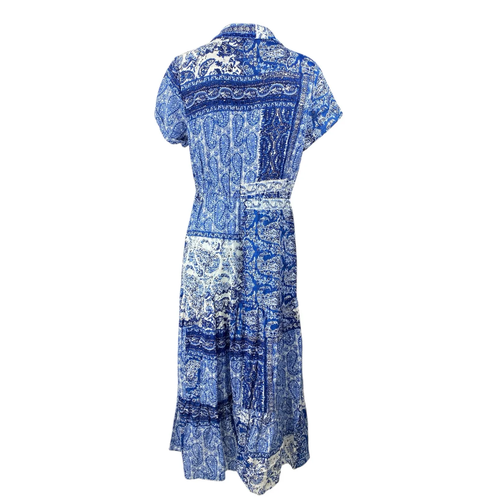 ZARA Blue White Paisley Short Sleeve Button Down Collared Midi Shirt Dress Sz S - Image 3