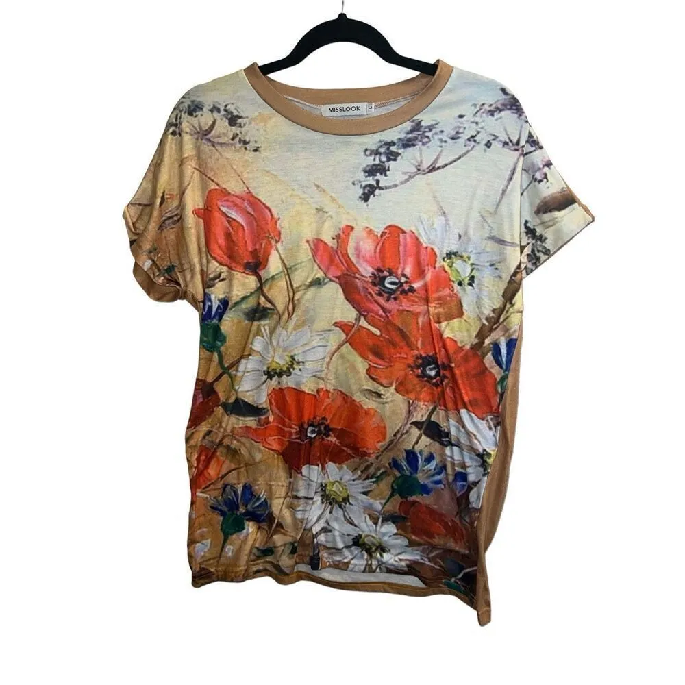 ✨Misslook Summer Floral Short Sleeve Casual Cotten Blend Sz Large Tee✨ Orange - Image 2